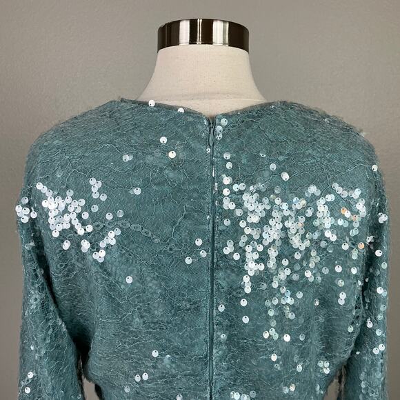 Aidan Mattox Sequined Lace Long Sleeve Cocktail Dress Blue Size 6 Mini Sheath - Picture 9 of 13